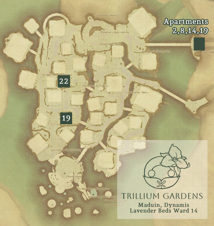 Map of Lavender Beds housing district showing the locations of Trillium Gardens venues.
